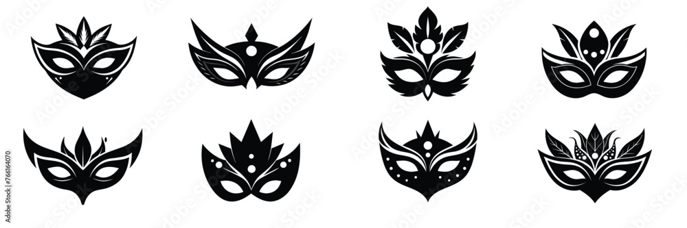Fototapeta premium Big collection of carnival mask silhouettes. Hand drawn vector art.