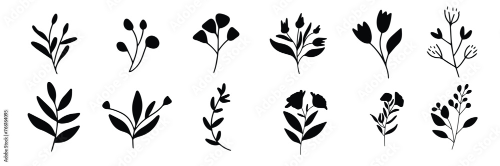Big collection of flower silhouettes. Hand drawn vector art. Big collection of flower silhouettes. Hand drawn vector art.