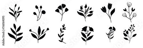 Big collection of flower silhouettes. Hand drawn vector art.