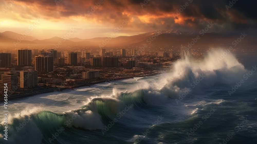 Tsunami king tide, dark stormy sky and rain approach the buildings of Surfers paradise - obrazy, fototapety, plakaty 