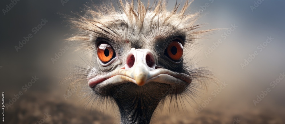 Close up of a birds head with beak and orange eyes staring at the camera, possibly an ostrich, a terrestrial animal belonging to the ratite family - obrazy, fototapety, plakaty 