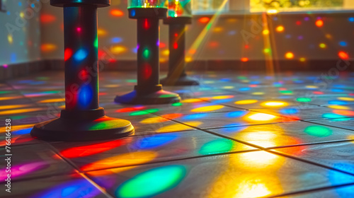 close-up image showcasing a creative and minimal indoor space. The scene includes playful interactions with colorful lights. These lights cast vibrant, multicolored hues across the simple, elegant roo photo