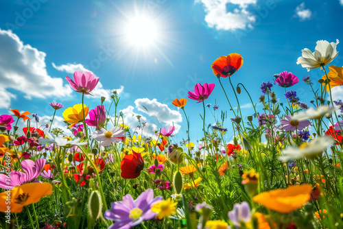 Colorful wild flowers in a field with blue sky and sun shining on them.