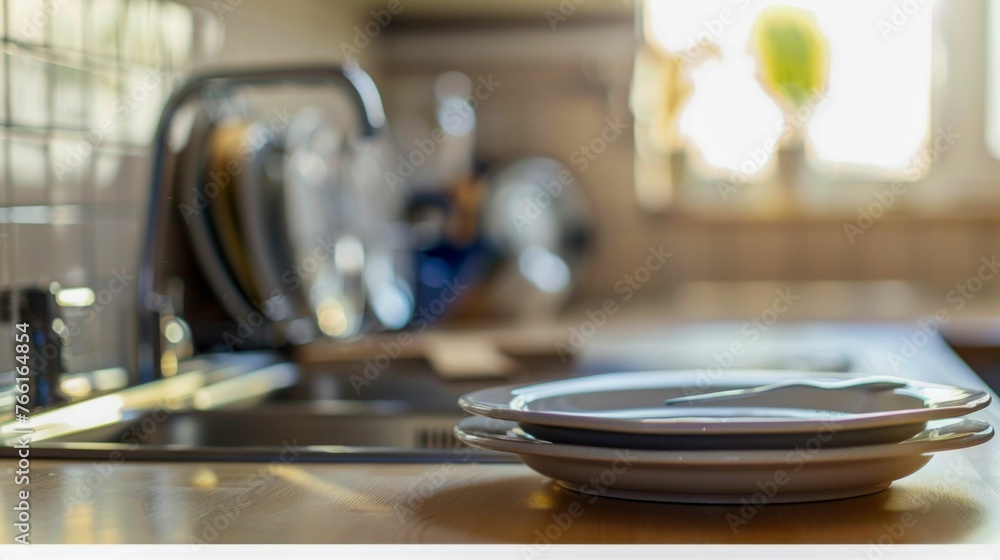 Clean White Plates Stacked on a Modern Kitchen Counter. Generative ai Clean White Plates Stacked on a Modern Kitchen Counter. Generative ai