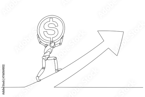 Robot illustration carrying a large coin with a dollar sign, ascending along an upward arrow, symbolizing financial growth or investment in technology.