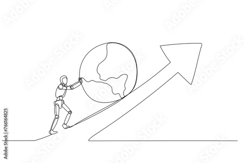 Robot pushes a globe uphill against an arrow, symbolizing global challenges and collective effort for positive outcomes.