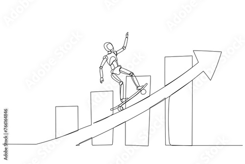 Robot skateboarding up an inclining arrow features bar graphs of varying heights. It symbolizes positive growth or improvement of business or personal development.