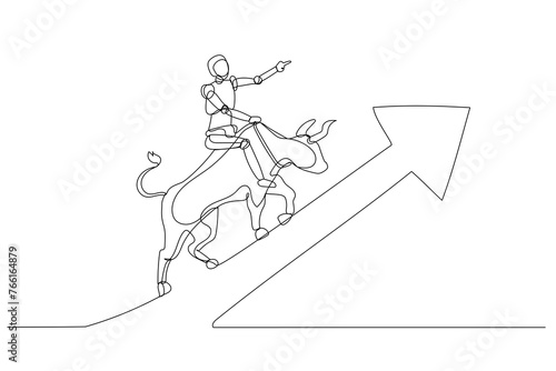 Robot riding a bull in motion, moving upwards along the direction of a large arrow. Symbolizes upward progress or positive momentum