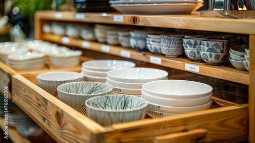Assorted Ceramic Bowls and Plates on Wooden Shelves. Generative ai