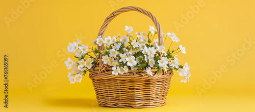 Wicker basket with white flowers on yellow background, Easter banner or spring season concept. Space for text. , copy space, © Ceric Jasmina