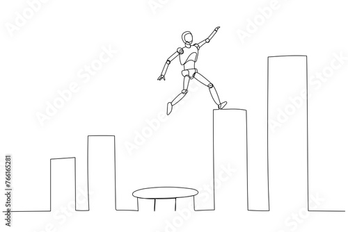 Robot balancing on one leg atop a tall rectangular block, between bar chart. The scene illustrates technology can catapult to higher goal