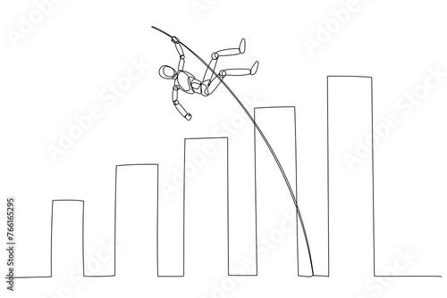  simple line drawing depicting a humanoid pole vaulting over bar graphs, symbolizing overcoming obstacles or achieving goals in the context of data or business