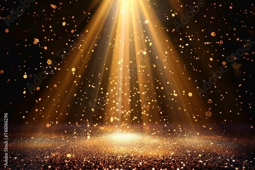 Stage light and golden glitter lights on floor. Abstract gold background for display your product. Spotlight realistic ray. generative ai