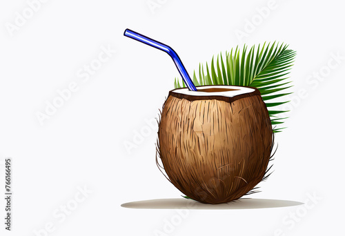A coconut as a drinking vessel with a straw under a palm tree on a white background
 photo