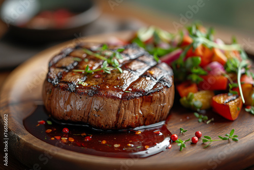 Close-up of a gourmet dinner plate with steak drizzled with seasoning, vegetables and tomatoes.