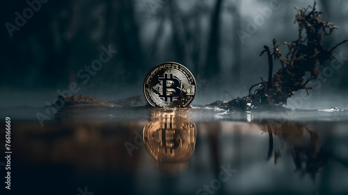 a bitcoin is filmed through a layer of water