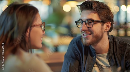 Smiling Young Couple in Casual Conversation at Cozy Cafe Restaurant
