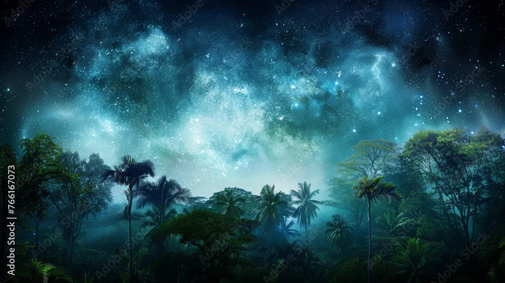 Rain forest at night time. Night time in a rain forest with beautiful milyway like nebula in the sky. Beautiful jungle and tree canopy.