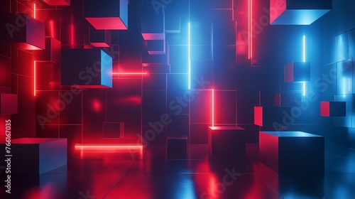 Una superficie formada por cubos de diferentes tonos rojos y azules, ambiente tecnológico photo