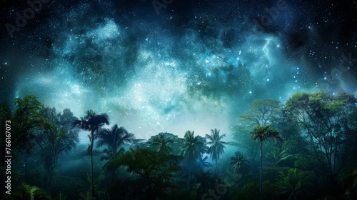 Rain forest at night time. Night time in a rain forest with beautiful milyway like nebula in the sky. Beautiful jungle and tree canopy.