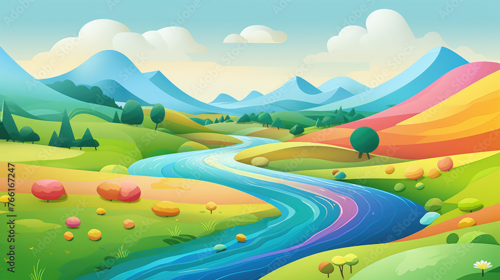 Simple rolling hills landscape in rainbow colors with a river flowing in between, flat illustration.