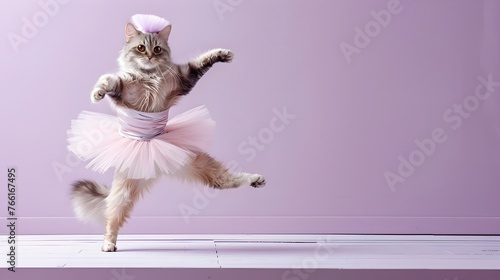 Dainty Cat Ballerina Performing a Graceful Leap on a Lavender Stage photo