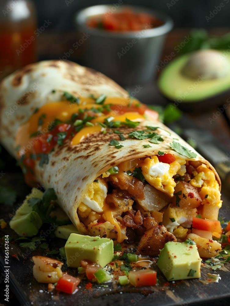 hearty breakfast burrito filled with scrambled eggs, crispy hash browns, cheese, avocado slices, and salsa. hearty breakfast burrito filled with scrambled eggs, crispy hash browns, cheese, avocado slices, and salsa.