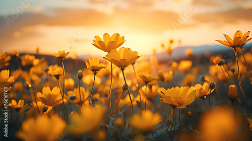 a field of yellow flowers at sunset