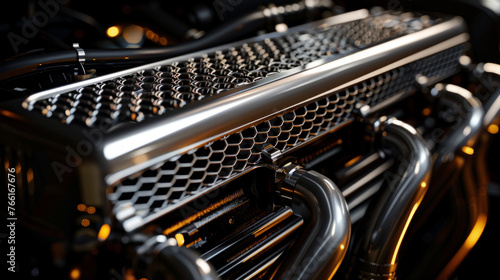 A sleek aluminum radiator, with densely packed fins and a high-flow core, keeping the engine cool under pressure