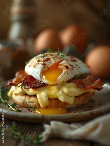 poached eggs , creamy hollandaise sauce,crispy bacon on a toasted muffin.