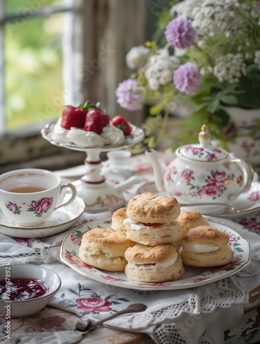 Breakfast tea served with freshly baked scones, clotted cream, and strawberry jam in nice and warm places, lovely cups of tea
