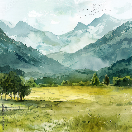 Serene mountain landscape with watercolor effect ,