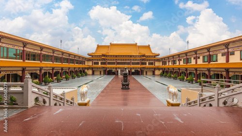 Temple court at the the Taiwanese style temple named Fo Guang Shan Thaihua, located in Khlong Sam Wa district, Bangkok, Thailand.