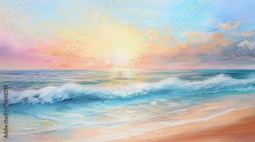 Tranquil beach sunset with soft pastel tones  