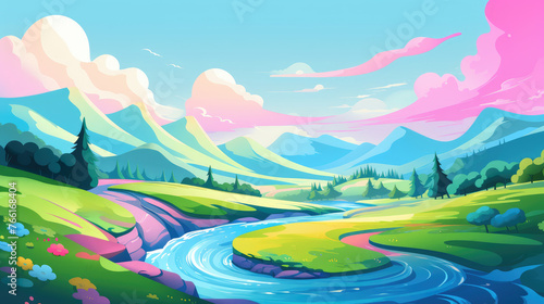 Simple rolling hills landscape in rainbow colors with a river flowing in between, flat illustration.