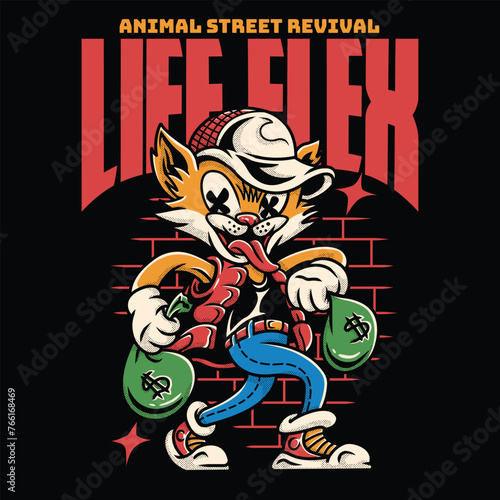Thief Cat Holding Bucket of Moneys in Streetwear Cartoon Illustration (ID: 766168469)
