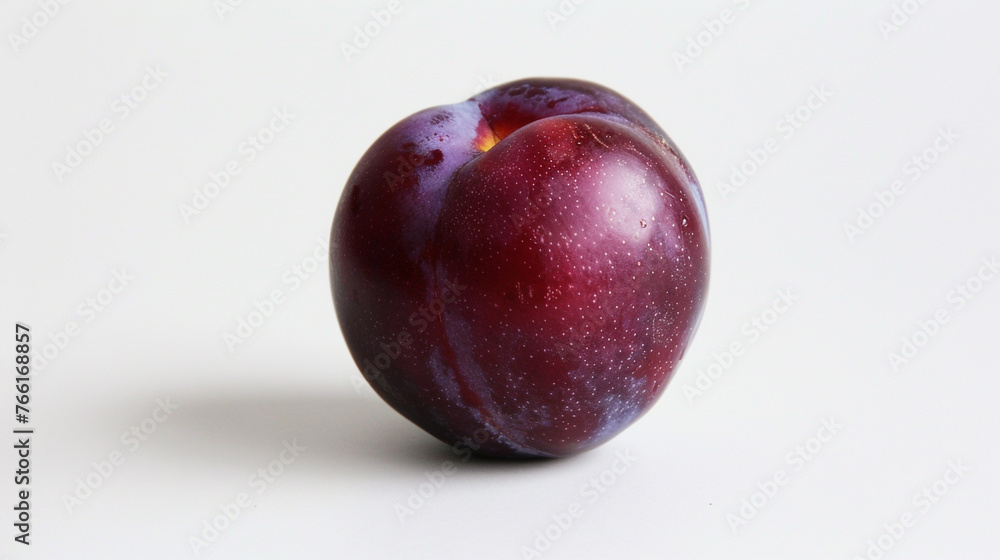 A single ripe plum placed delicately on a clean white background, highlighting its smooth skin and rich purple color. 
