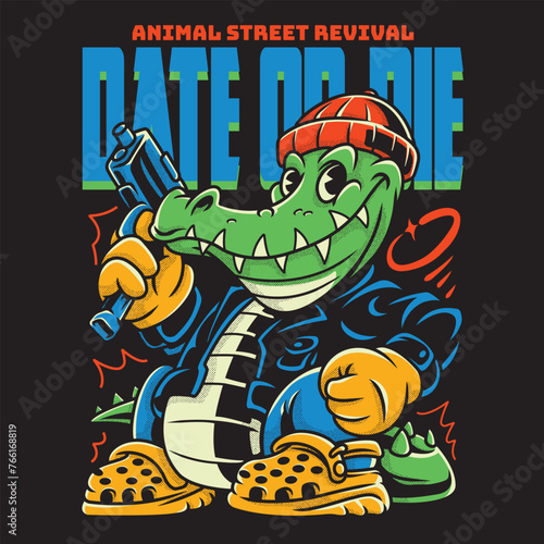 Crocodile Handling a Gun in Streetwear Cartoon Illustration (ID: 766168819)