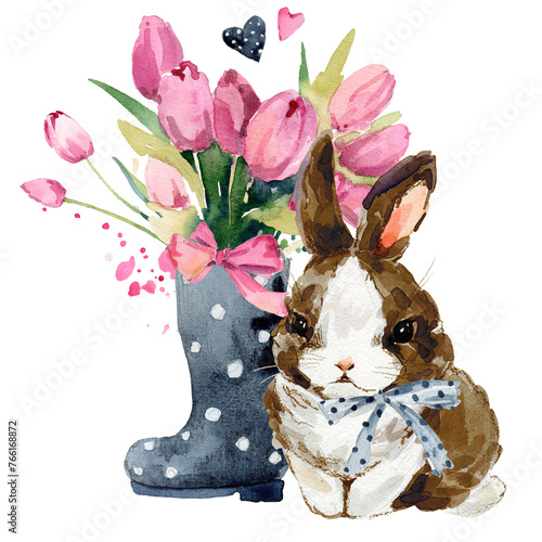 Cute watercolor baby bunny with flowers bouquet (ID: 766168872)