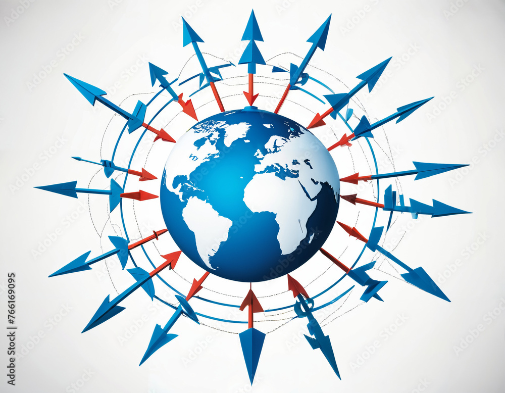 A globe surrounded by arrows pointing in all directions, symbolizing the global dynamics of business