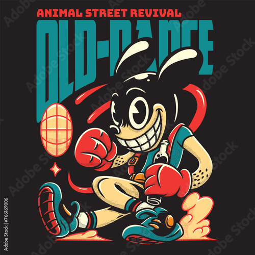Smiling Mouse Wearing a Red Boxing Gloves in Streetwear Cartoon Illustration (ID: 766169006)