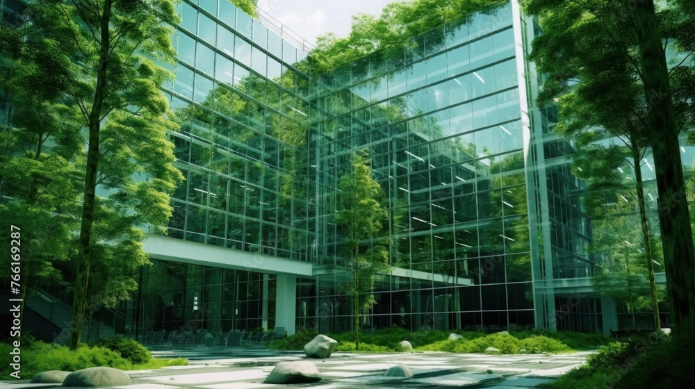 Sustainble green building. Eco-friendly building. Sustainable glass office building with tree for reducing carbon dioxide. Sustainble green building. Eco-friendly building. Sustainable glass office building with tree for reducing carbon dioxide.