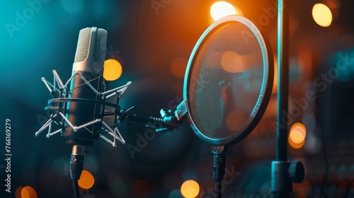 Studio microphone and pop shield on mic in the empty recording studio with copy space. Performance and show in the music business equipment © JovialFox