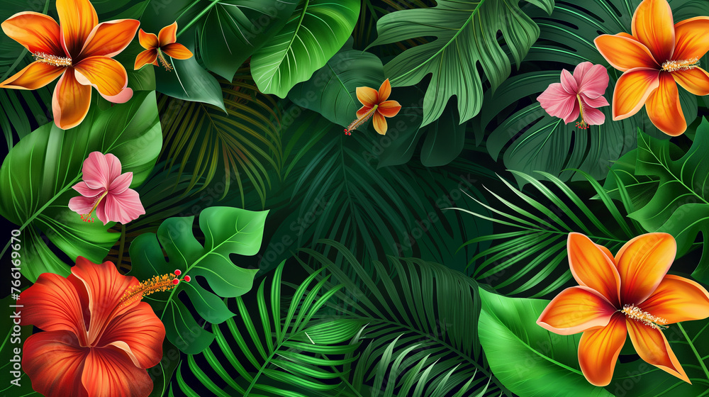 Close-up nature view of palm and monstera and fern leaves background. Lying down, gloomy nature concept, tropical leaves. leaf pattern wallpaper Close-up nature view of palm and monstera and fern leaves background. Lying down, gloomy nature concept, tropical leaves. leaf pattern wallpaper
