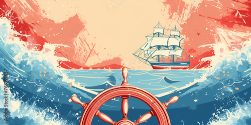 Maritime day vector illustration with ship wheel or steel. Generative ai  photo
