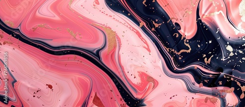 Close up of a striking pink and black marble painting featuring a beautiful pattern resembling a tree trunk, with touches of magenta and electric blue water flowing through the design