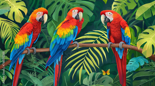 Group of colorful macaws Blue and gold macaw cage standing on a log beauty of nature Templates for your creative projects © atitaph