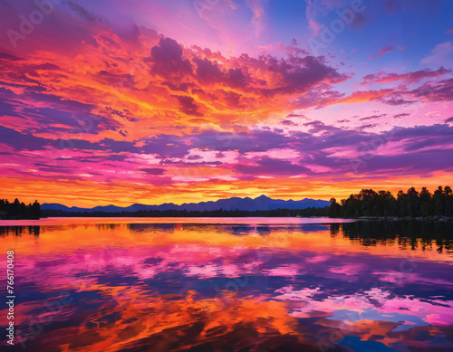 A vibrant sunset painting the sky in hues of orange and pink over a serene lake
