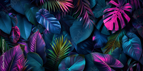 Fototapeta Naklejka Na Ścianę i Meble -  Close-up nature view of palm and monstera and fern leaves background. Lying down, gloomy nature concept, tropical leaves. leaf pattern wallpaper