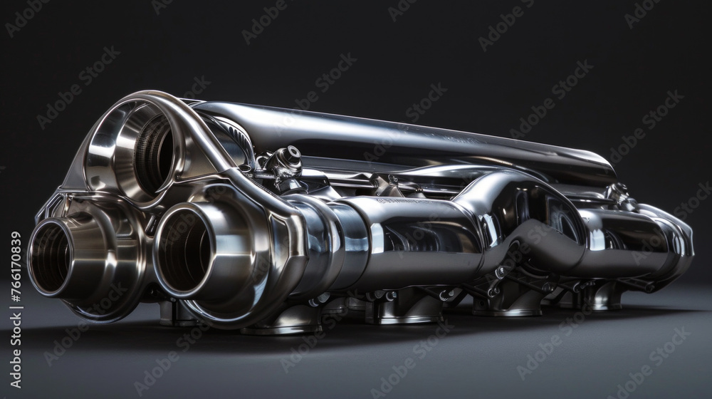 A sleek aluminum intake manifold, with smooth runners and a polished finish, optimizing airflow to the engine A sleek aluminum intake manifold, with smooth runners and a polished finish, optimizing airflow to the engine